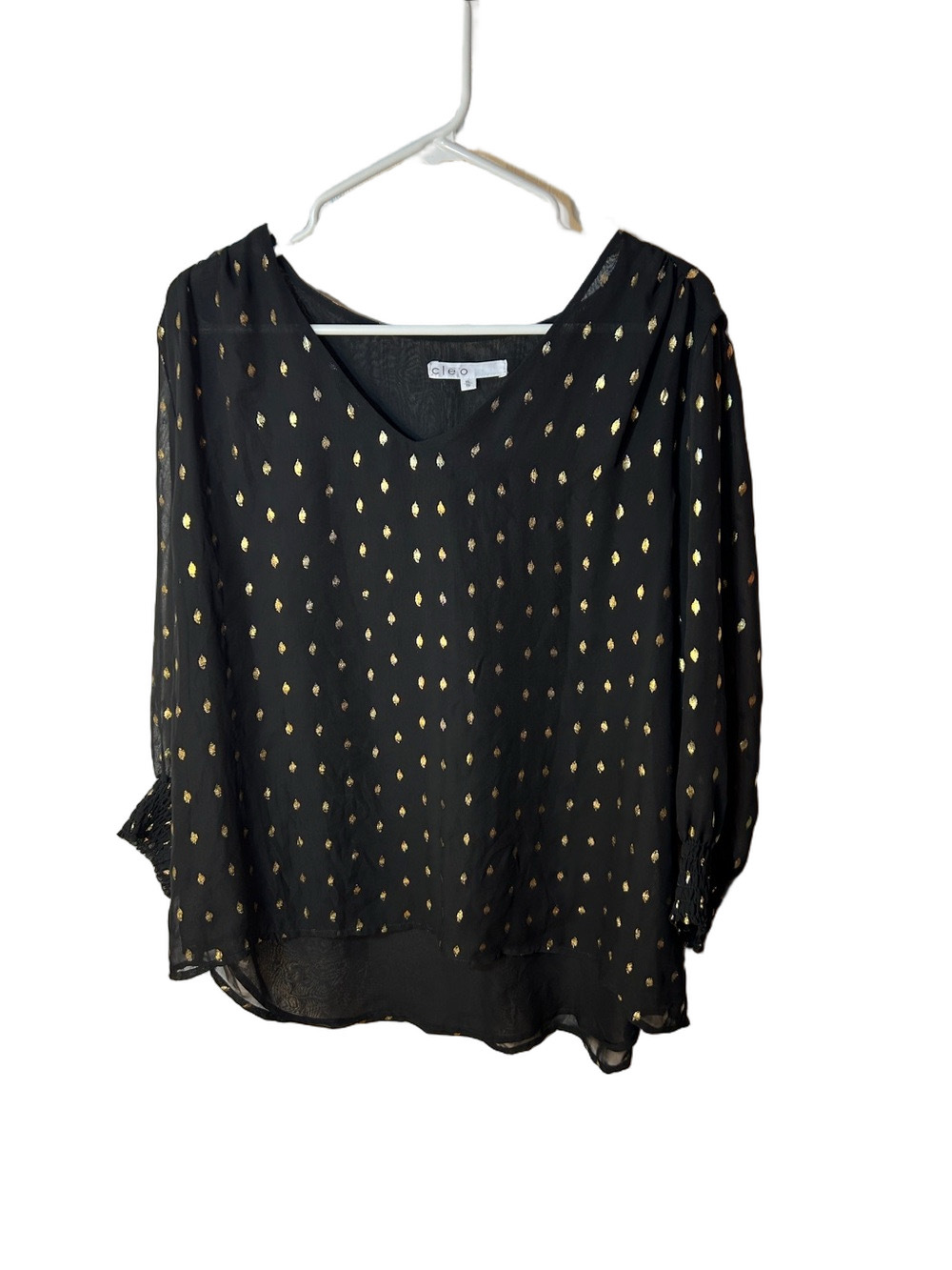 Cleo Black V-Neck Blouse with Gold Dot Accents Sheer size XL 3/4 length sleeve